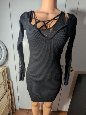 Derek Heart Black Ribbed Long-Sleeve Strappy V-Neck Mini Dress Size S